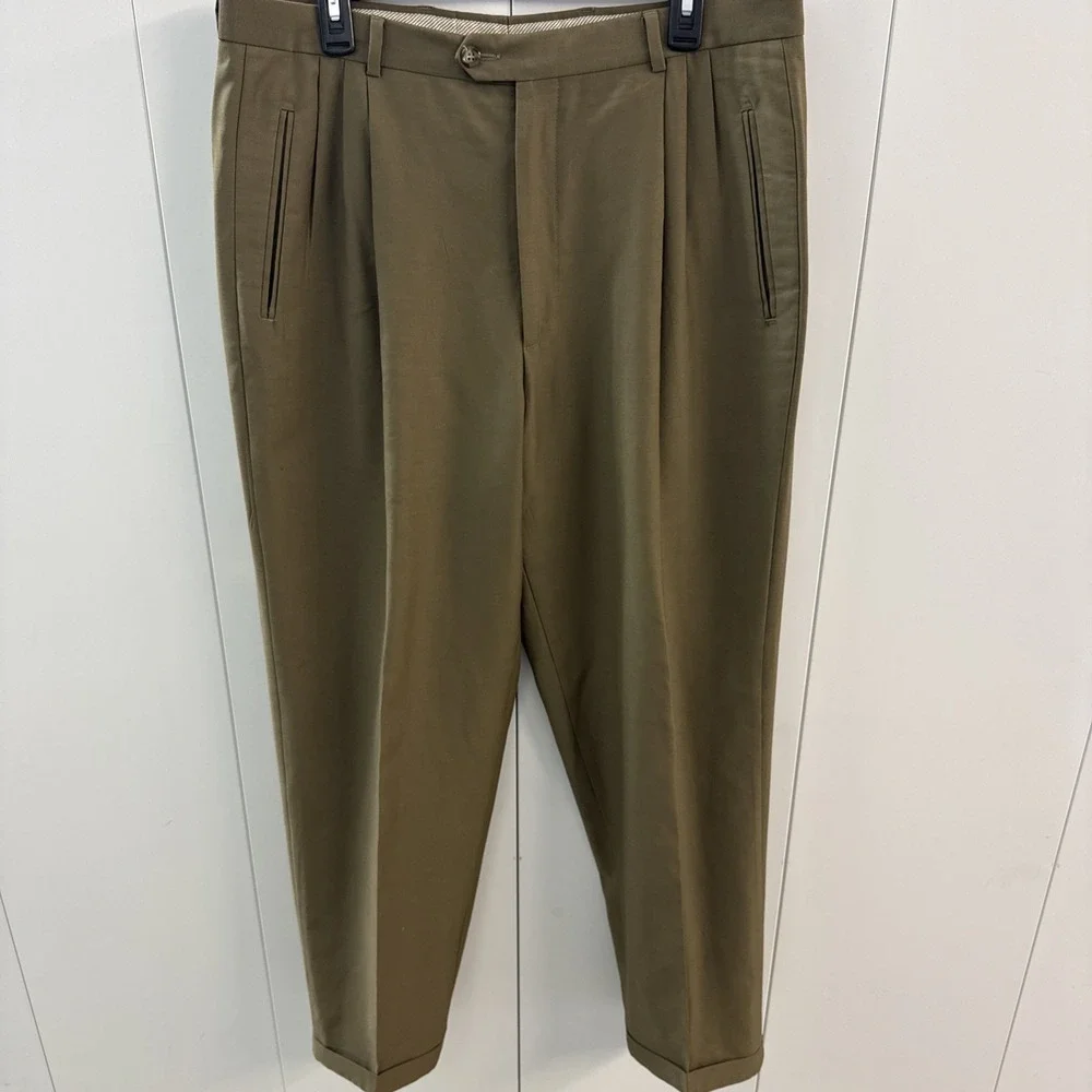 Linea Naturale Men Brown Italian Wool Pleated Dress Pants Super 100s 36x31